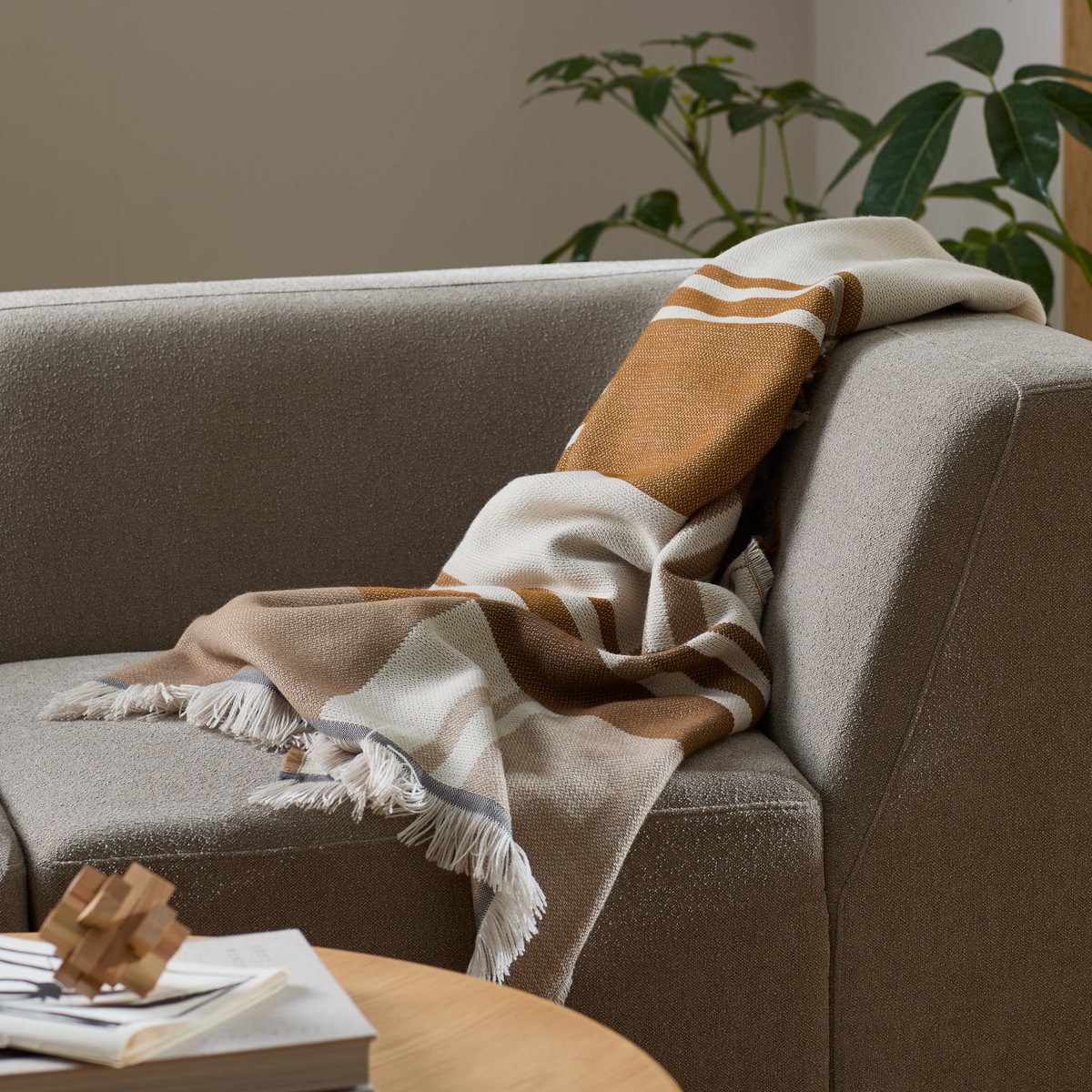 Beige sofa med en mønstret plaid i hvide og brune nuancer med frynser, plante i baggrunden og sofabord med bøger i forgrunden.