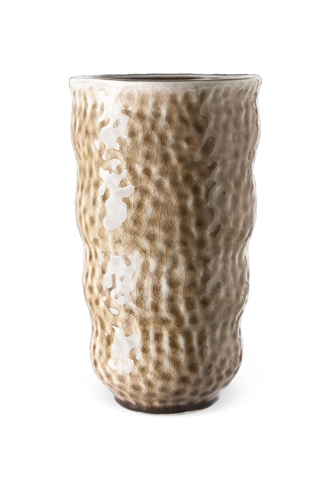 Tekstureret keramisk vase med krakeleret glasur i beige og hvid på sort baggrund.