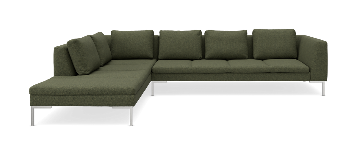 Olivengrøn L‑formet hjørnesofa med metalben.