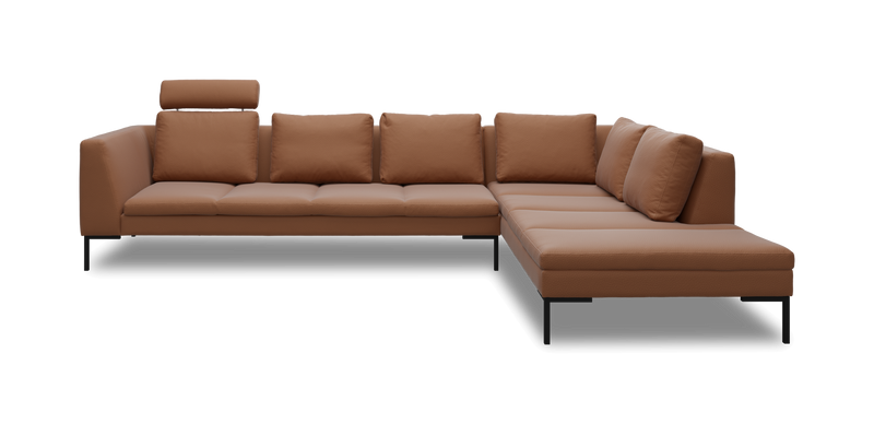Brun L‑formet modulsofa i læder med chaiselong og justerbar nakkestøtte, studiebillede._ps