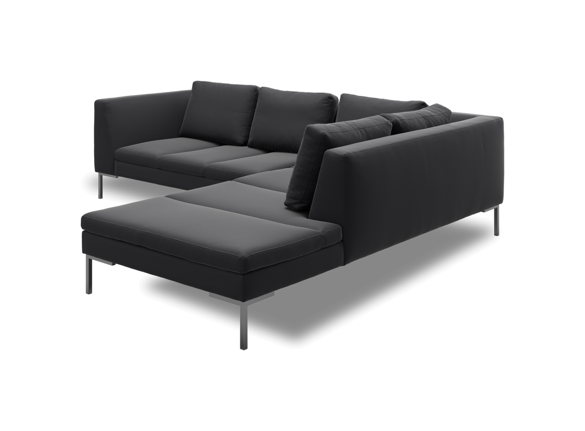 Mørkegrå modulhjørnesofa med chaiselong og metalben, fritlagt på hvid baggrund.