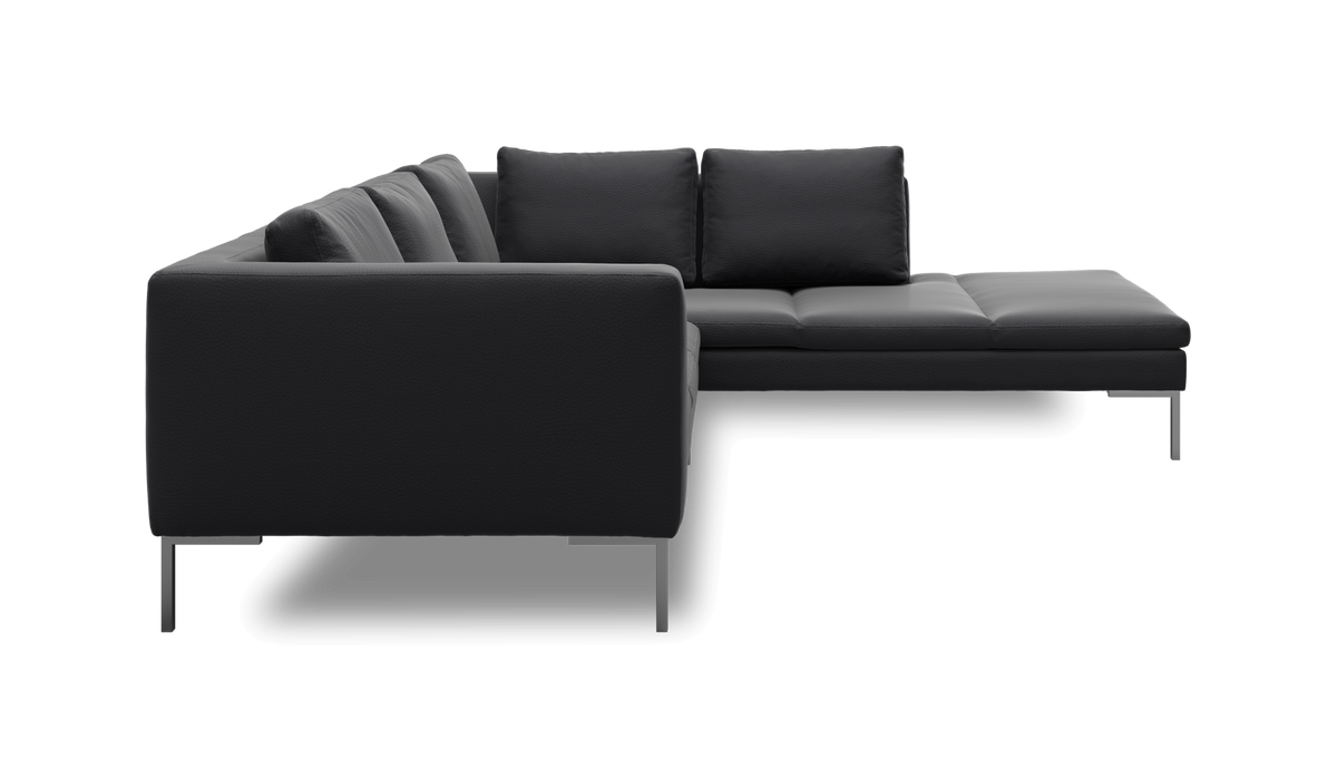 Mørkegrå L-formet modulsofa med chaiselong til højre og metalben.