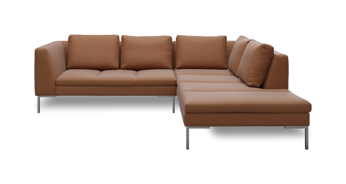 Brun L-formet modulsofa i læder med metalben, set skråt forfra.