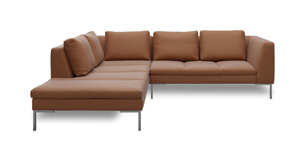 Brun L‑formet modulsofa i læder med metalben, studiebillede.
