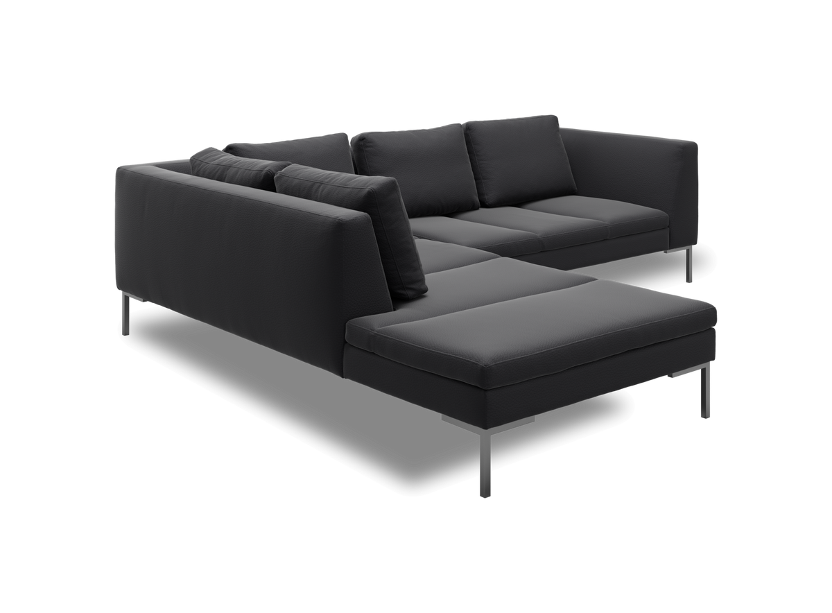 Mørkegrå L-sofa med chaiselong og metalben.