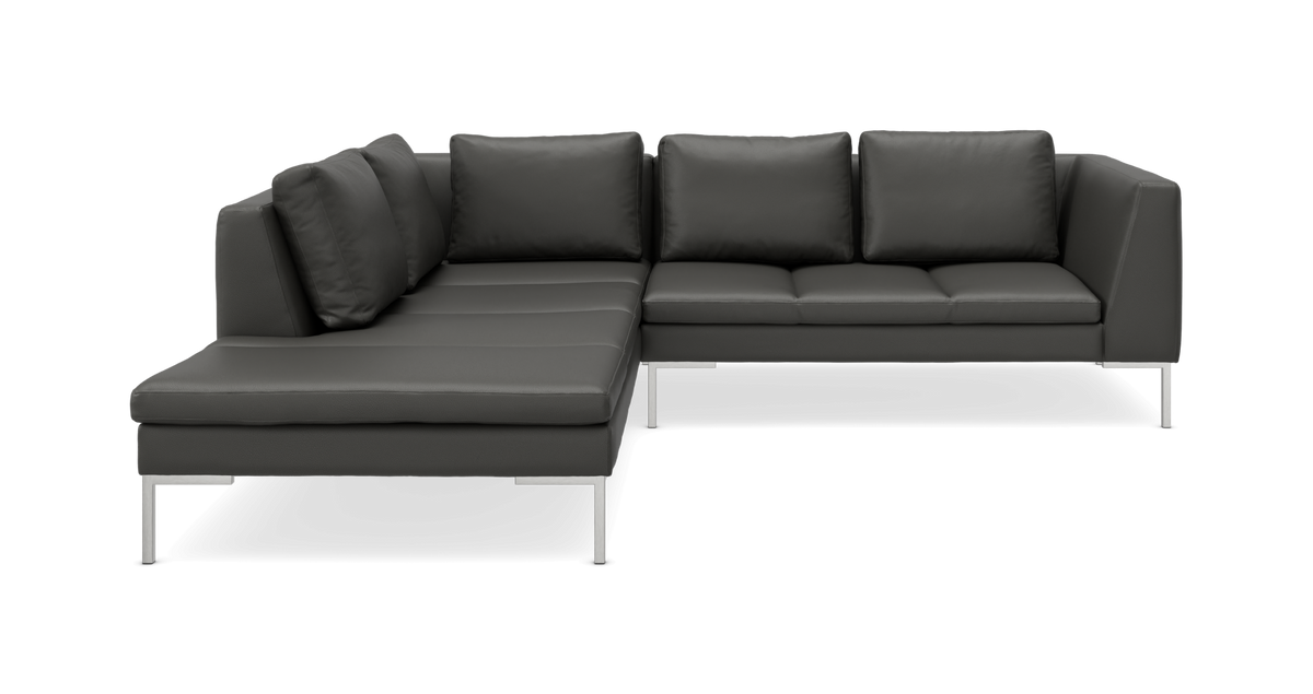 Mørkegrå L-formet hjørnesofa med metalben og løse ryghynder.