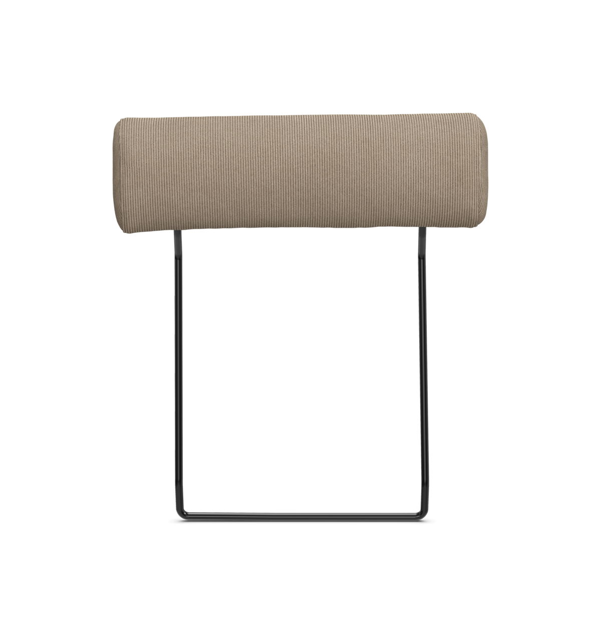 Beige cylindrisk nakkestøtte med U-formet metalramme, frilagt.