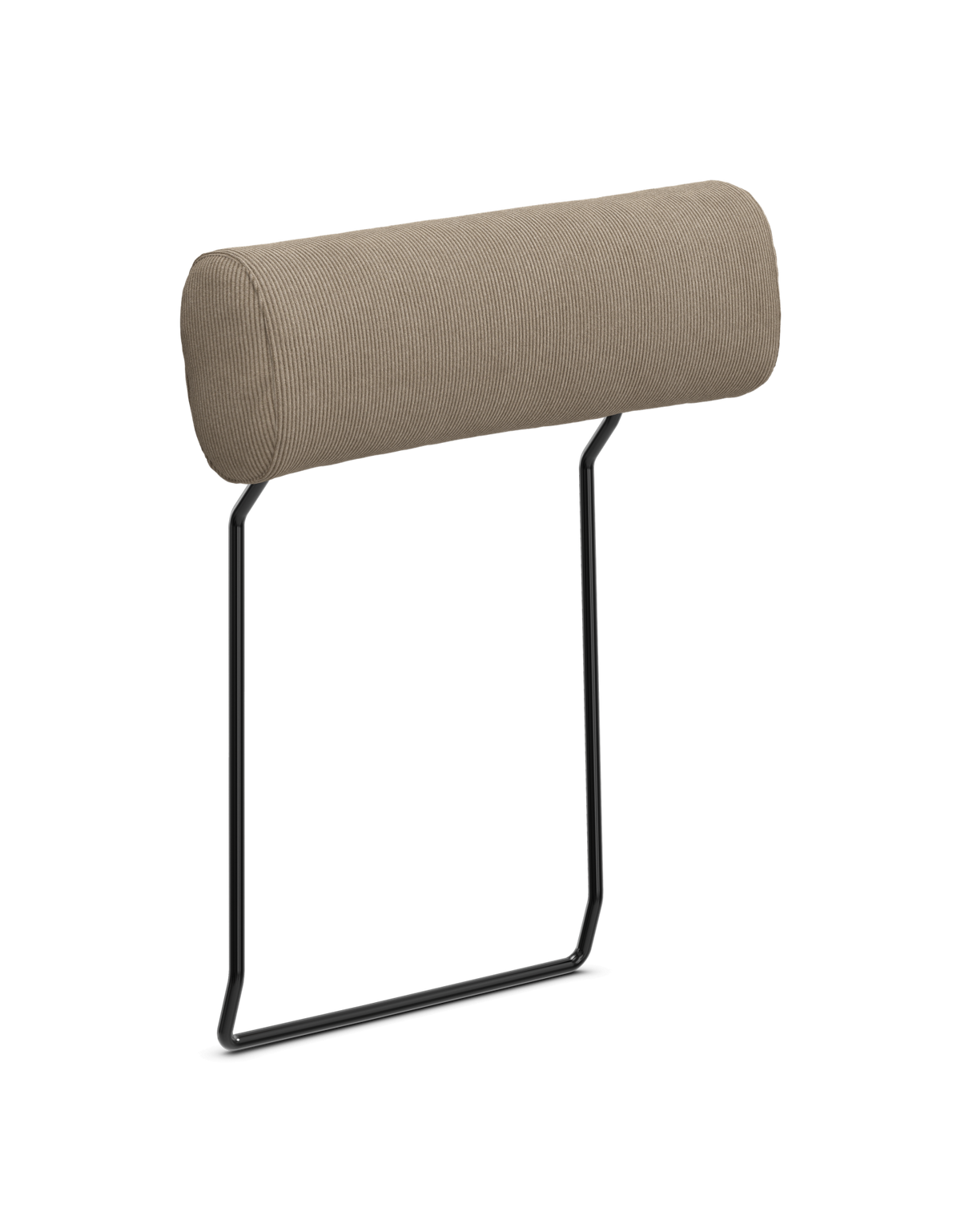 Cylindrisk nakkestøtte i beige stof med sort metalramme, frilagt produktbillede.