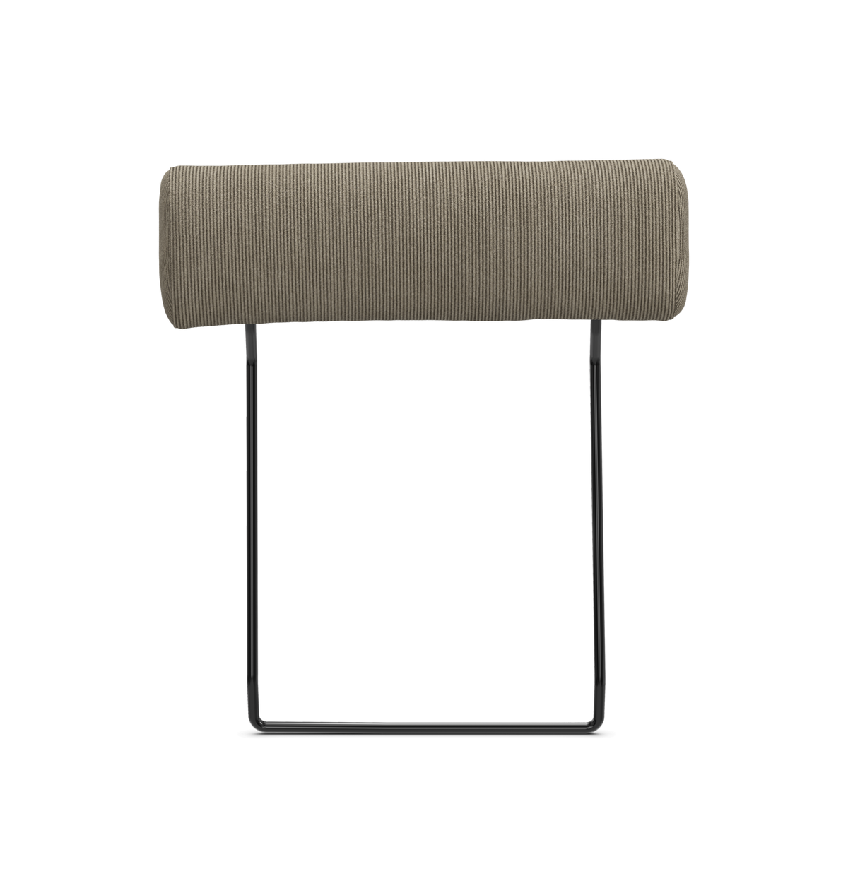 Cylindrisk nakkestøtte/sofa-hovedpude i taupe fløjl med slank metalramme.
