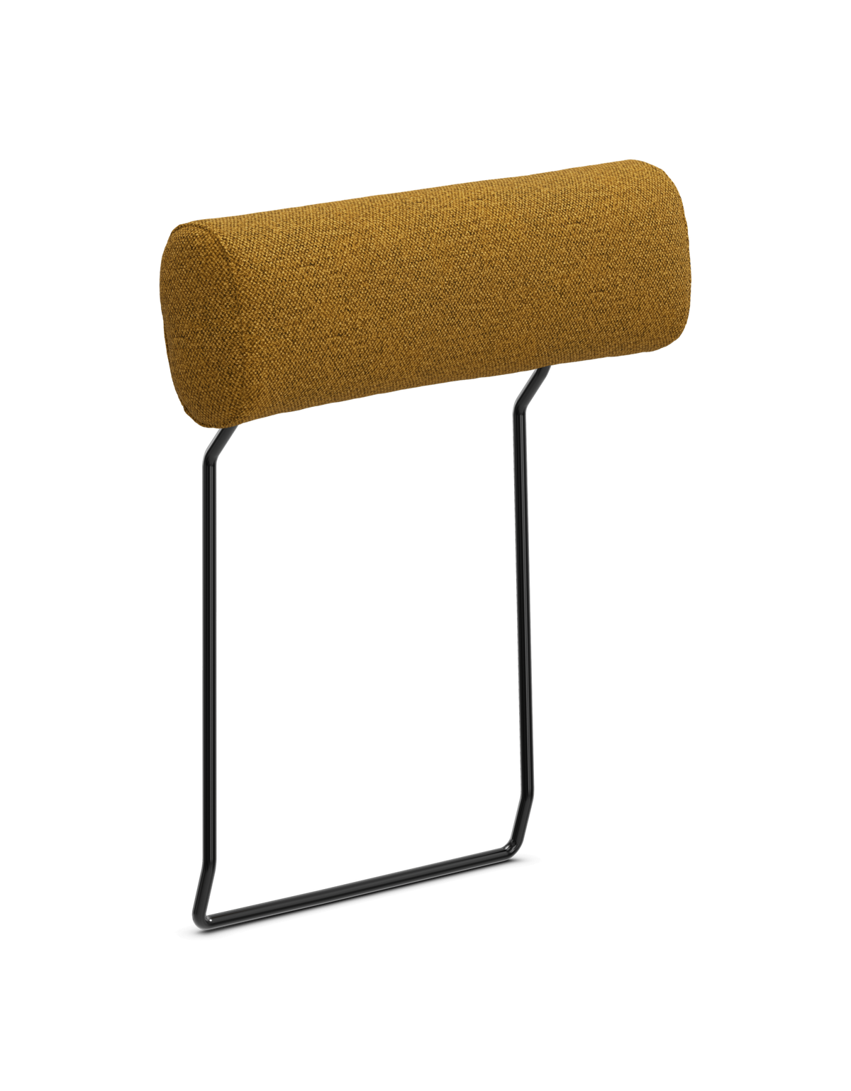 Cylindrisk nakkestøtte i sennepsgul tekstil med sort metalramme, frilagt på hvid baggrund.