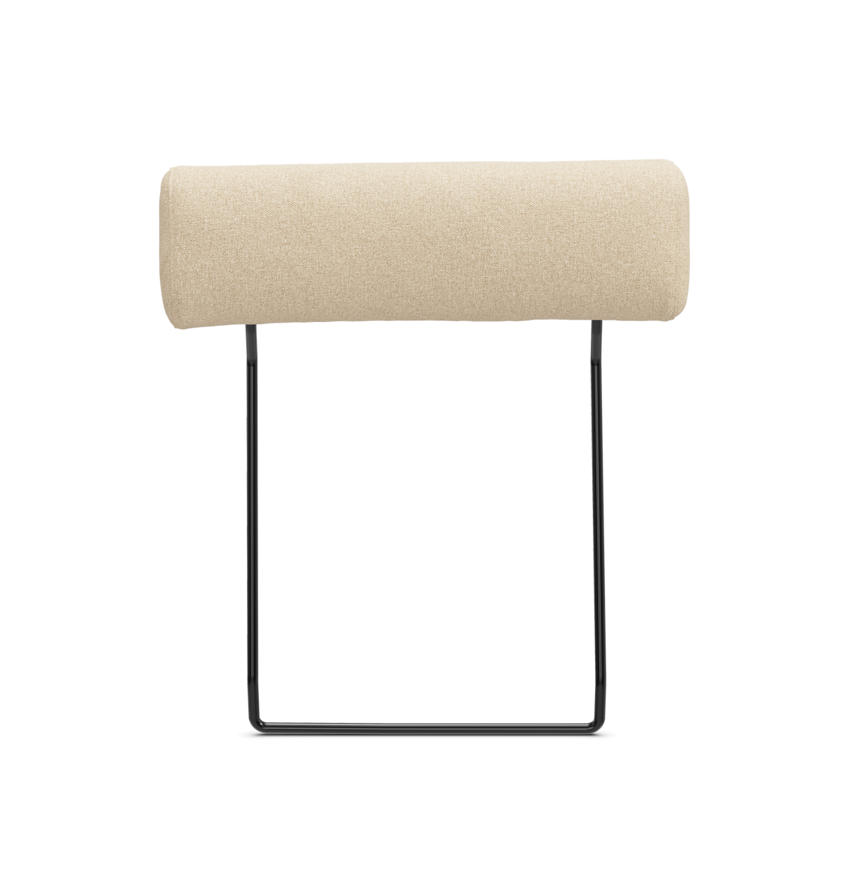 Beige cylindrisk nakkestøtte med sort metalbeslag.