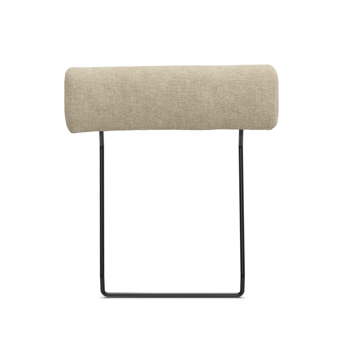 Beige cylindrisk nakkestøtte med metalramme, frilagt produktbillede forfra.