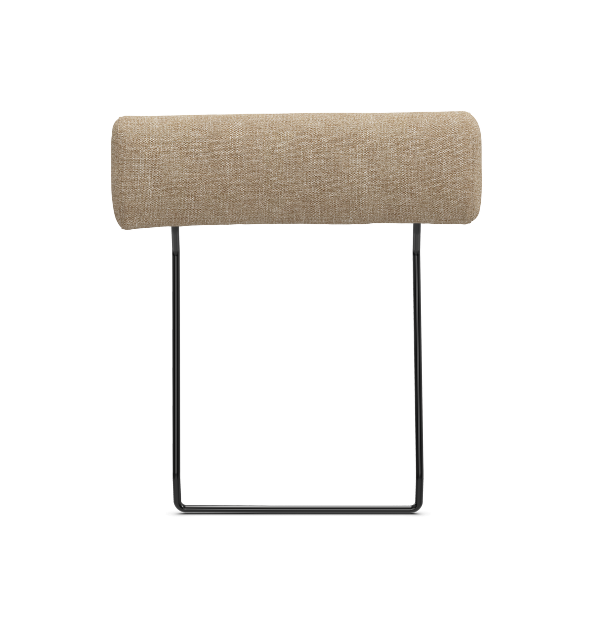 Beige nakkestøtte i stof med sort metalramme, frilagt på hvid baggrund.