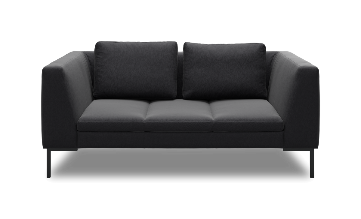 Mørkegrå 2-personers sofa i moderne, minimalistisk design med lige armlæn og slanke ben, frontvisning.