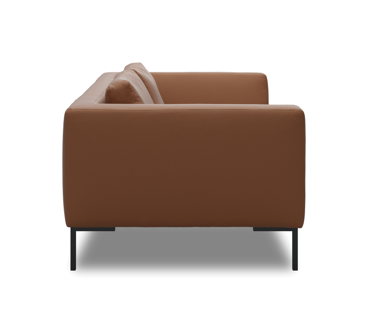 Sidevisning af en brun lædersofa med slanke sorte metalben, frilagt på hvid baggrund.