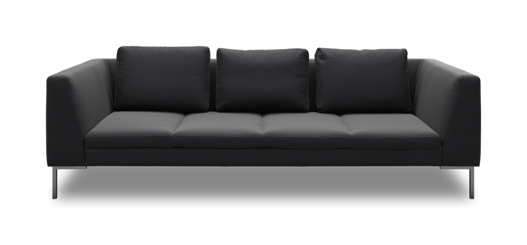Mørkegrå 3-personers sofa med tre ryghynder og metalben, set forfra.
