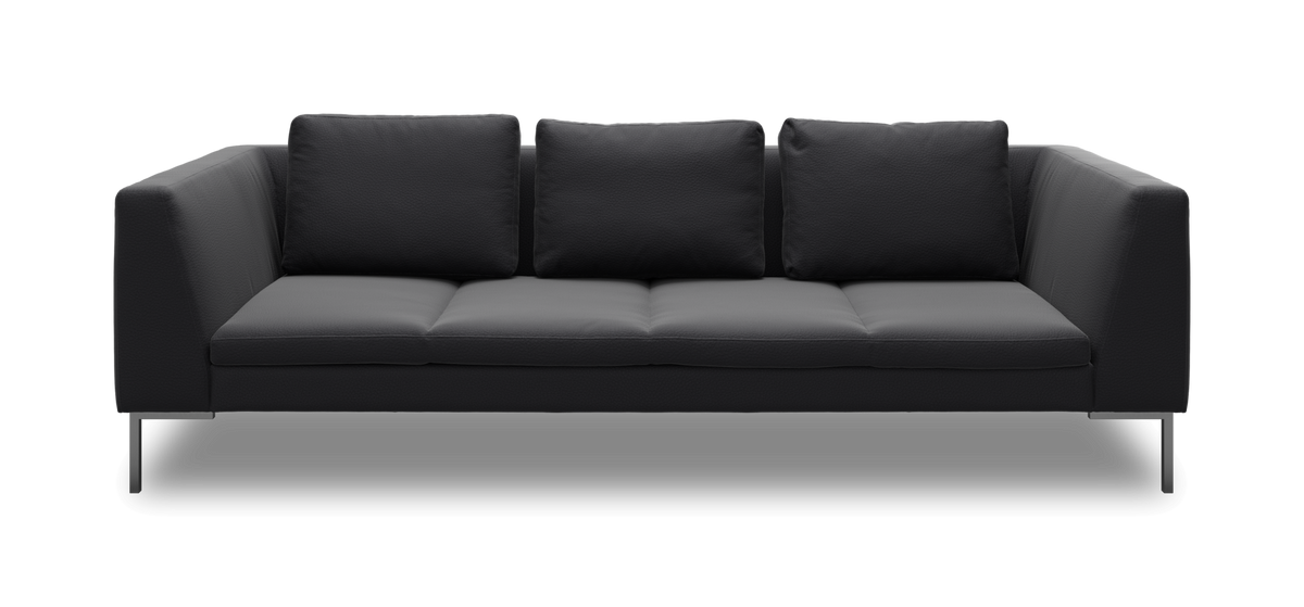 Mørkegrå 3-personers sofa med tre ryghynder og metalben, set forfra.