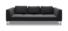 Mørkegrå 3-personers sofa med tre ryghynder og metalben, set forfra.