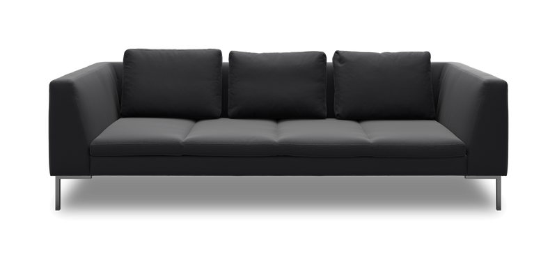 Mørkegrå 3-personers sofa med tre ryghynder og metalben, set forfra._ps