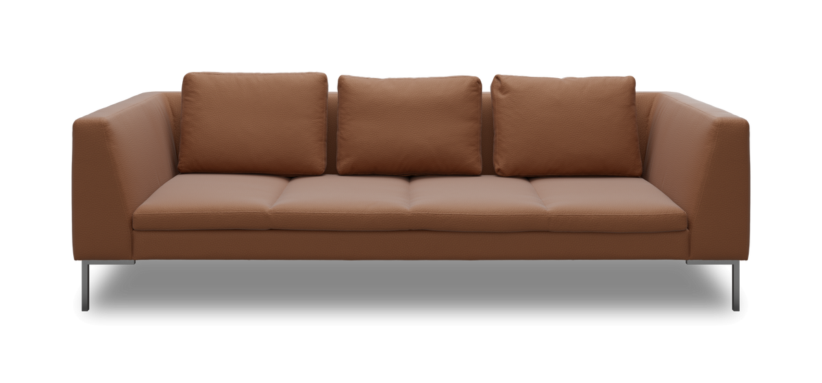 Moderne brun lædersofa med tre rygpuder, frontvisning på hvid baggrund.