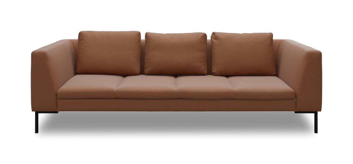 Brun 3-personers sofa med lige armlæn og sorte ben, frontvisning.