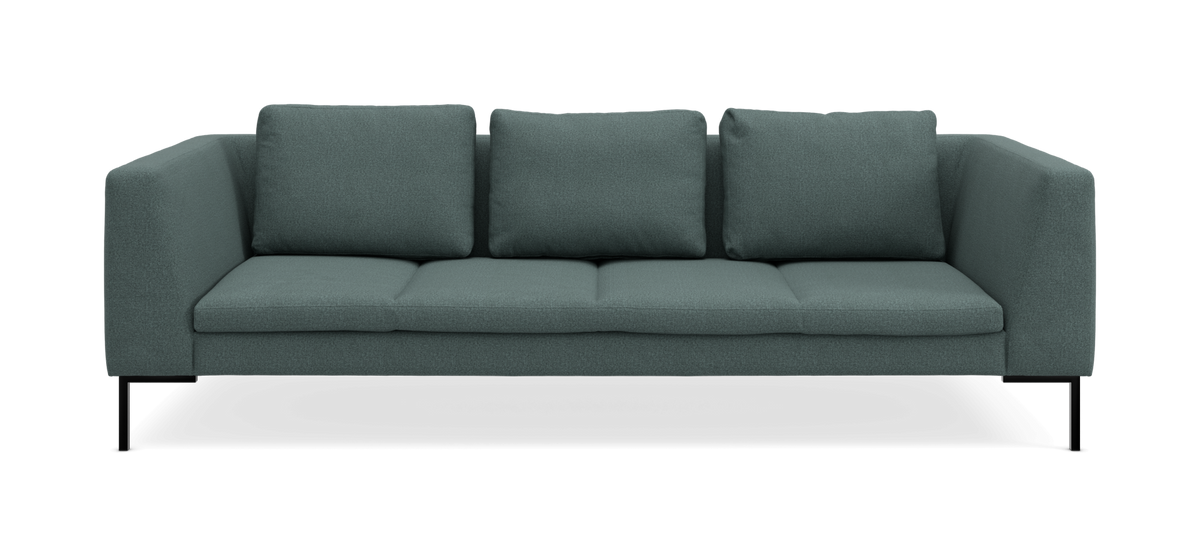 3-personers sofa i teal/mørkegrønt stof med lige armlæn og slanke sorte ben, set forfra.