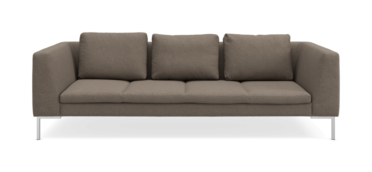 Brun/beige 3-personers sofa med slanke metalben, frontvisning på hvid baggrund.