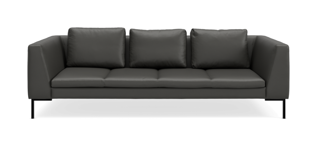 Mørkegrå 3-personers sofa i moderne design med tre løse ryghynder, set forfra mod neutral baggrund.