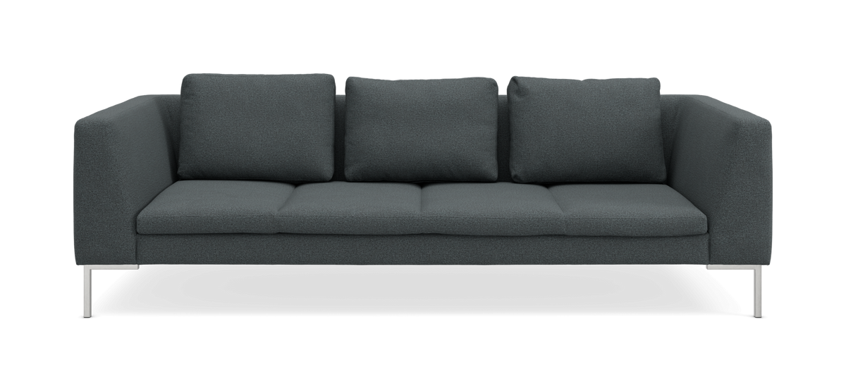 Mørkegrå 3-personers sofa med tre rygpuder og metalben, set forfra.