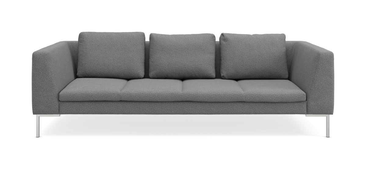 Grå 3-personers sofa med lige armlæn og metalben, frilagt på hvid baggrund.