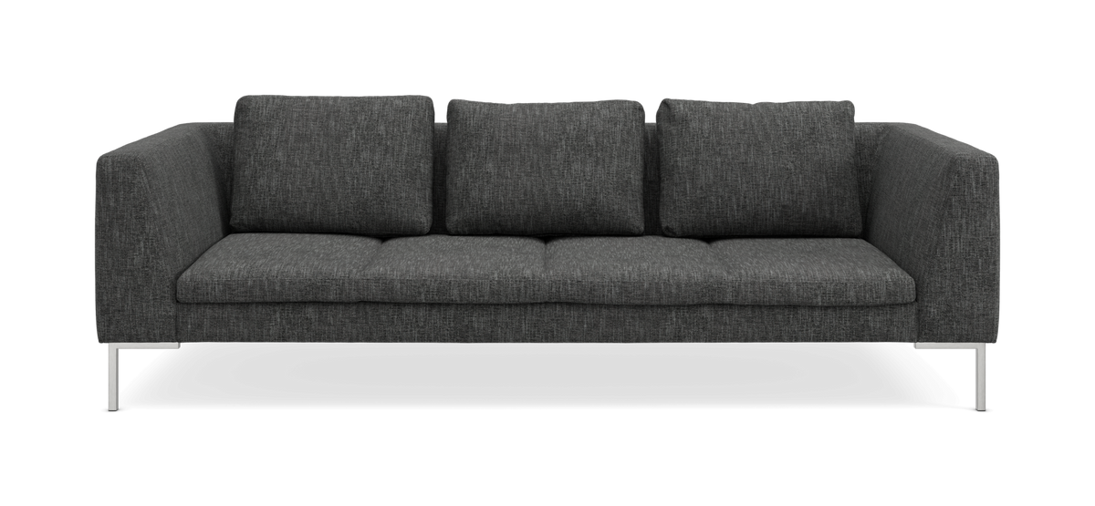 Mørkegrå tresæders sofa med metalben set forfra.