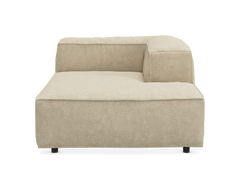 Beige modulsofa med højrehjørne, set forfra på hvid baggrund.