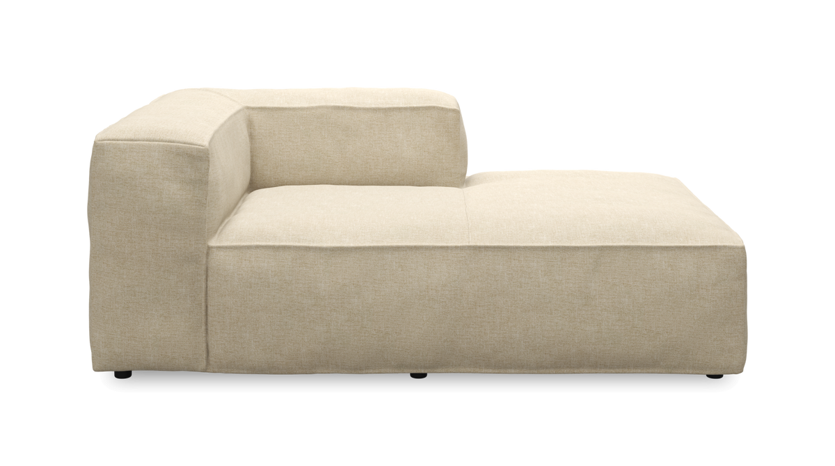 Beige modulsofa med venstre armlæn, sidevinkel på hvid baggrund.