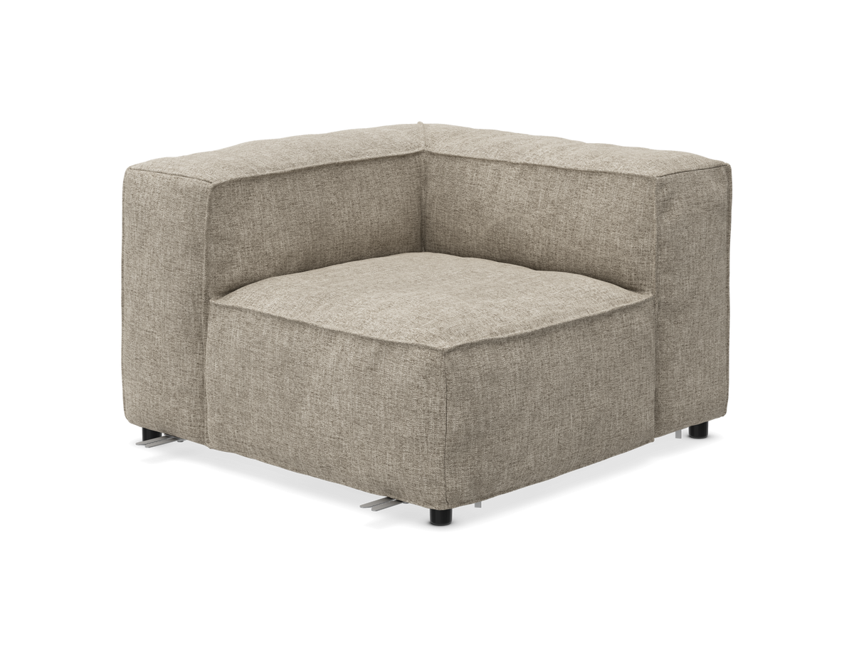Beige hjørnemodul i stof med lave sorte ben.