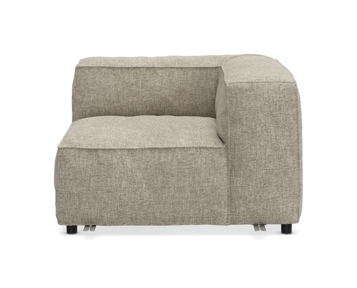 Beige modulsofa – hjørnemodul i stof, frontvisning på hvid baggrund.