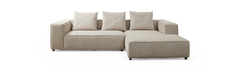 Beige modulsofa med højre chaiselong og tre rygpuder i moderne, boxet design.