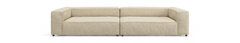 Beige modulsofa i to-sæders med lave, kvadratiske armlæn – frontvisning, frilagt.