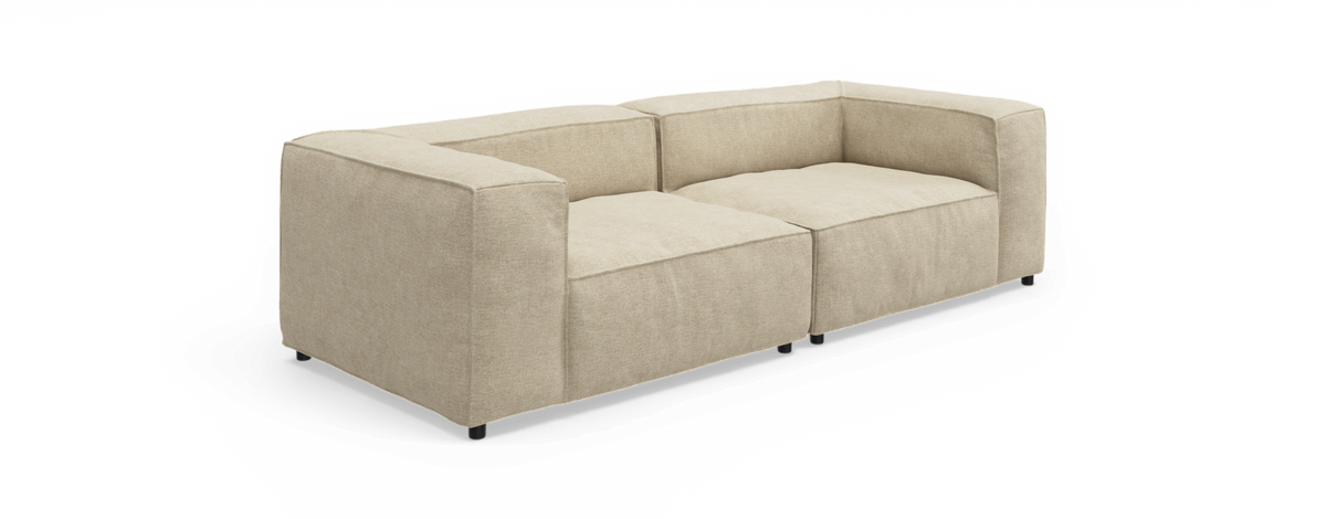 Beige modulsofa med firkantede armlæn og lave sorte ben, trekvarts vinkel på hvid baggrund.