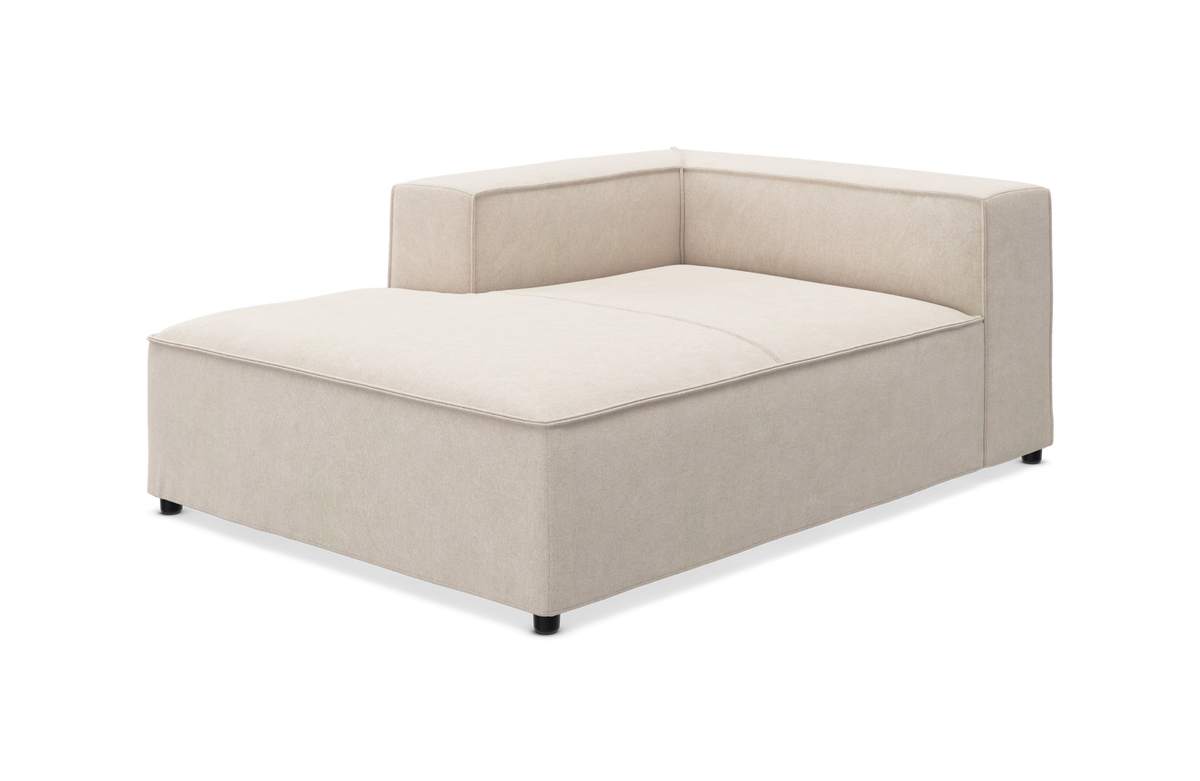Beige chaiselong-modul med lav ryg og armstøtte på den ene side, polstret i stof.