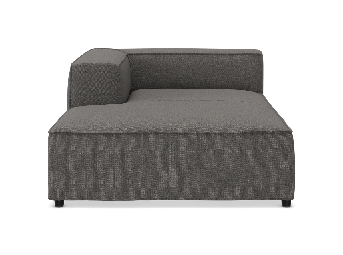 Grå modulsofa/chaise med venstre armlæn, frontvisning på gennemsigtig baggrund.