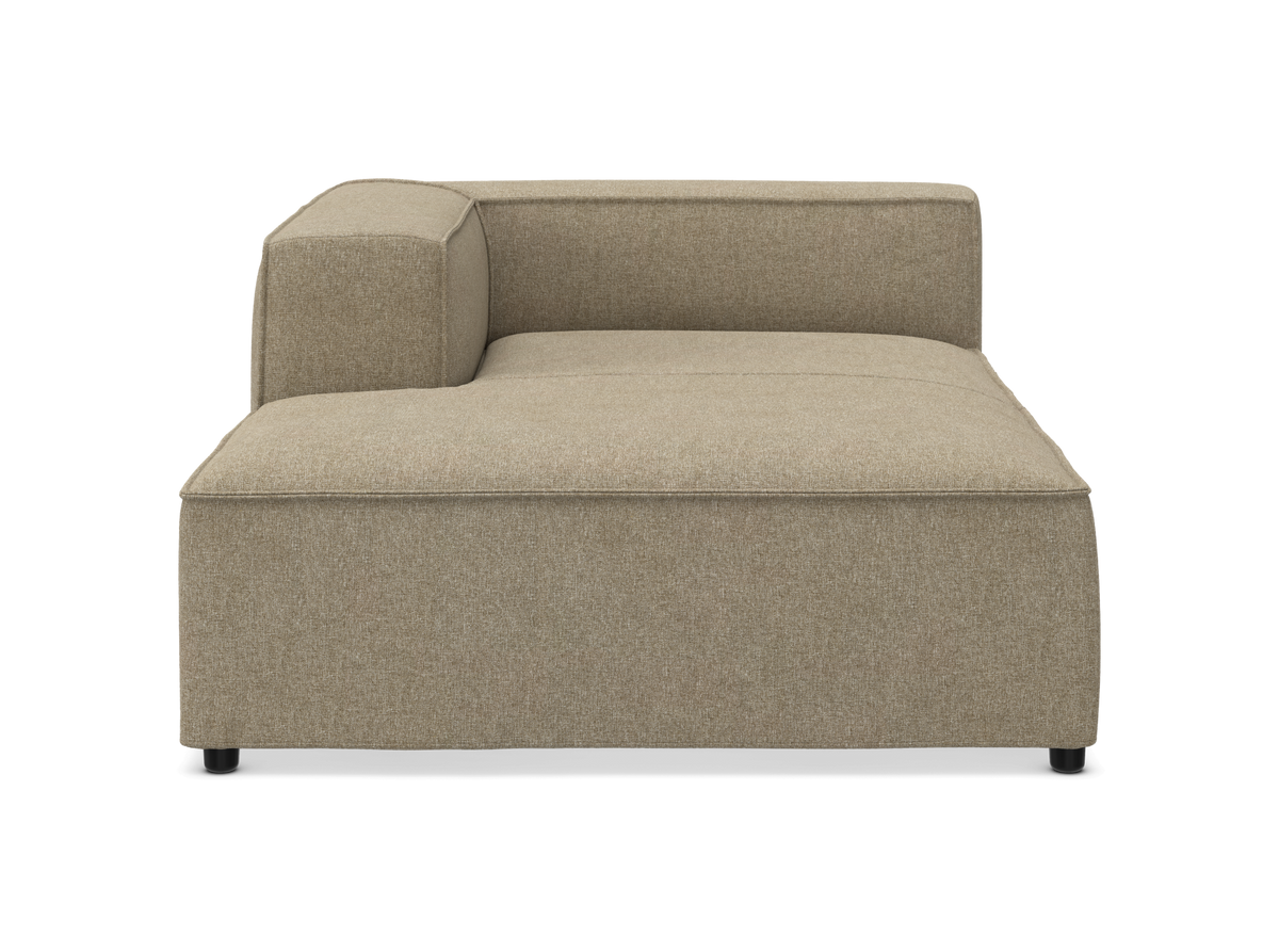 Beige modulsofa med venstre armlæn, frontvisning, frilagt på hvid baggrund.