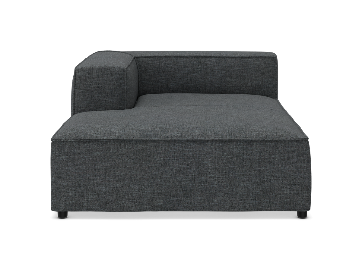 Mørkegrå modulsofa/chaise longue med venstre armlæn, frontvisning.
