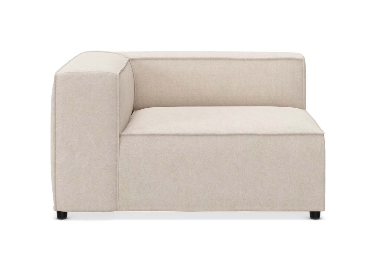 Beige modulsofa hjørnemodul med venstre armlæn på hvid baggrund.