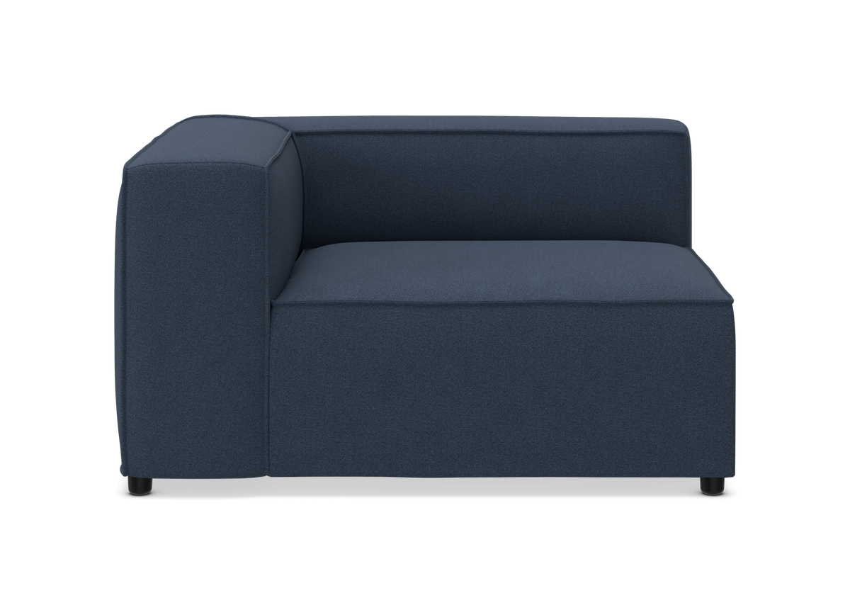 Mørkeblå venstre hjørnemodul til sofa i stof, frontvisning på neutral baggrund.