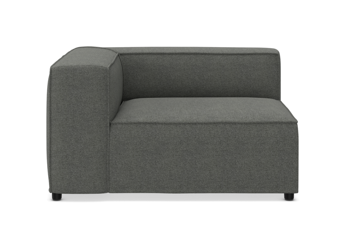 Grå hjørnemodul til sofa set forfra.