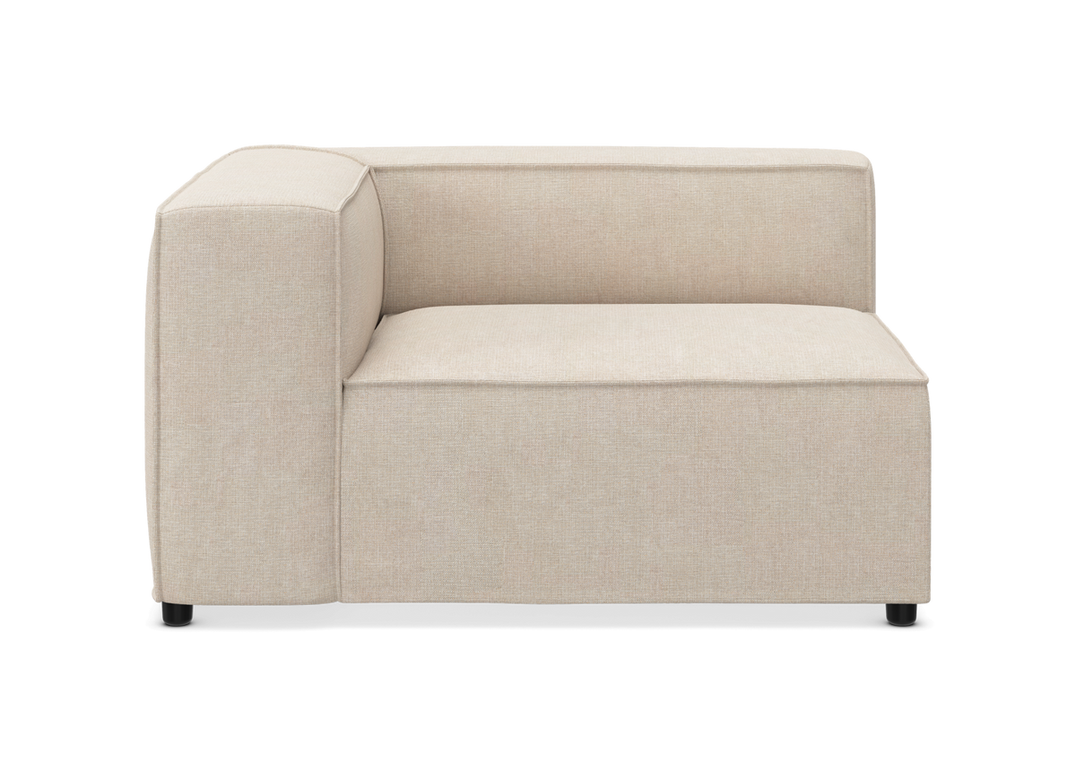 Beige modulsofa, hjørnemodul i stof – frilagt frontvisning.