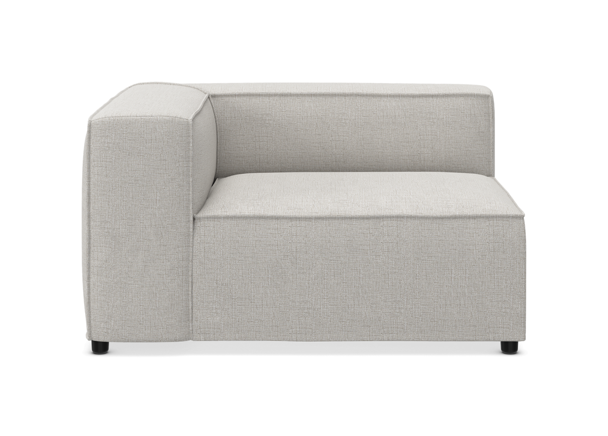 Lys grå hjørnemodul til sofa i tekstil, vist forfra på hvid baggrund.