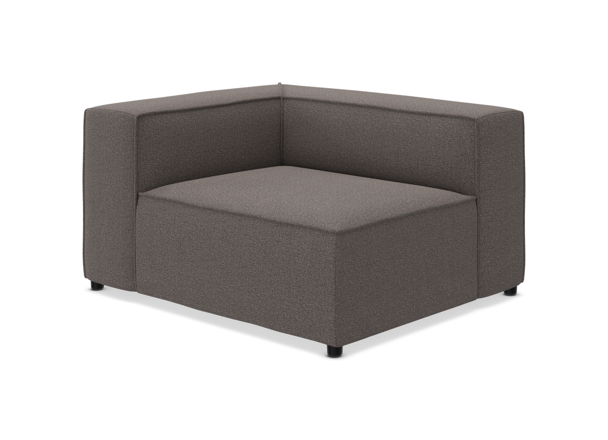 Modulært sofa-hjørnemodul i gråmeleret stof med lav ryg og små sorte ben.