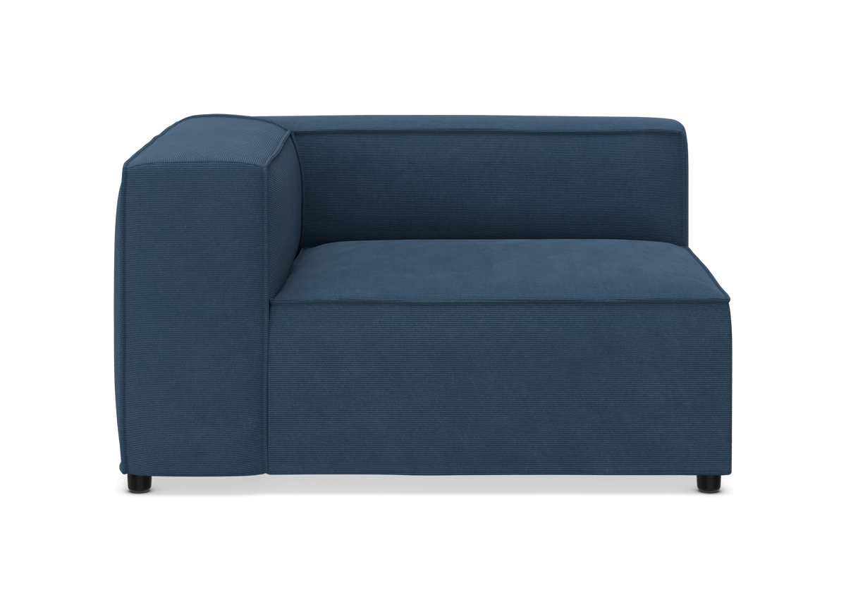 Modulsofa hjørnemodul i mørkeblåt stof, set forfra.
