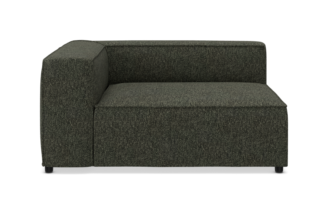 Mørkegrøn modulsofa, venstre hjørnemodul med lav ryg.